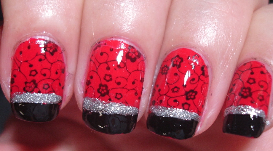 Red & Black Floral Nails