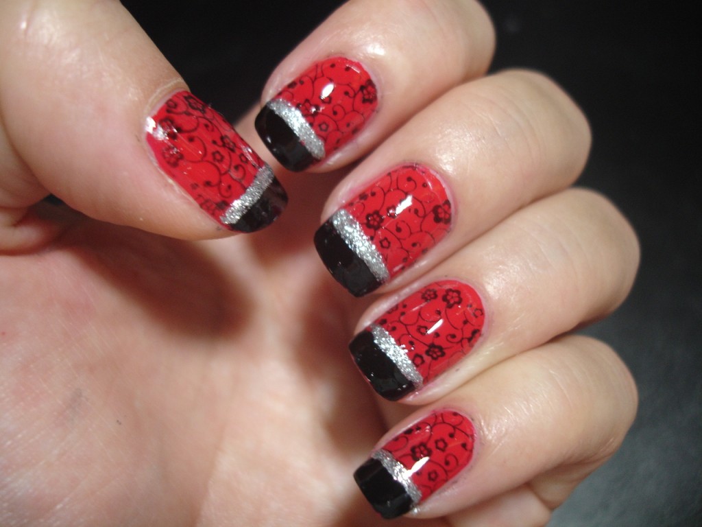 Red & Black Floral Nails